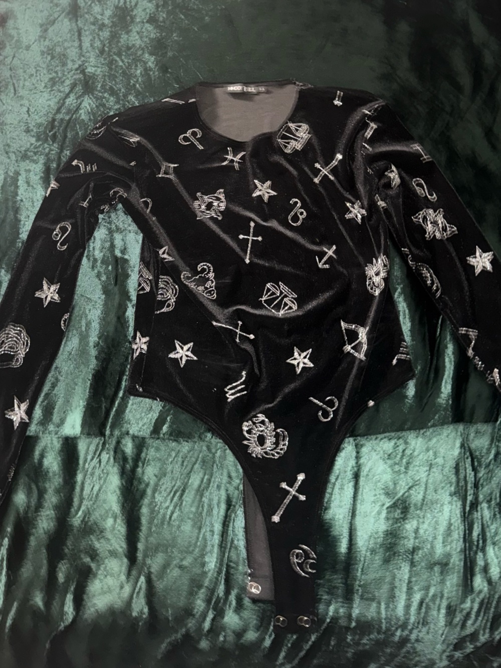 Dolls Kill Black Velvet Astrological Embroidered Bodysuit